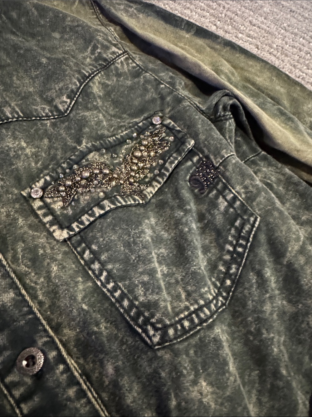 Miss Me Green Acid-Wash Denim Top with Black Knit Bottom Button-Down